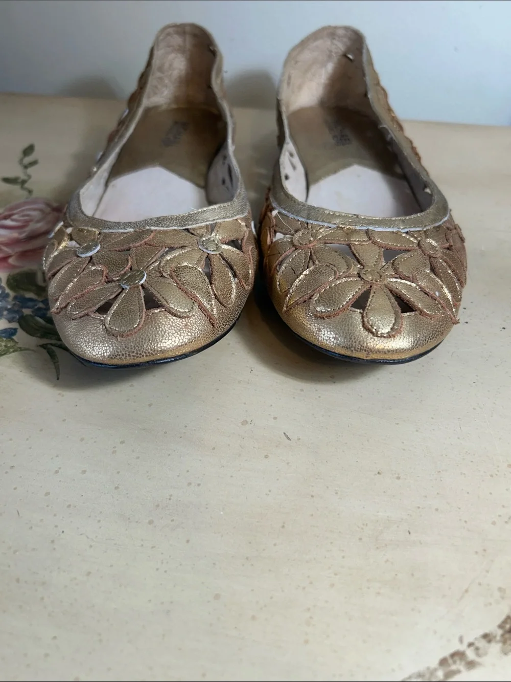 Michael Kors Gold Floral Leather  Cutout Ballet Flats